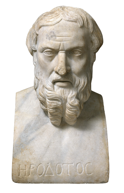A marble bust of Herodotus from the Roman period. He has medium-length hair and a full, curly beard. He looks to be in late middle-age, with lines on his brow but without excessive wrinkles. In Greek at the bottom of the bust is written his name.